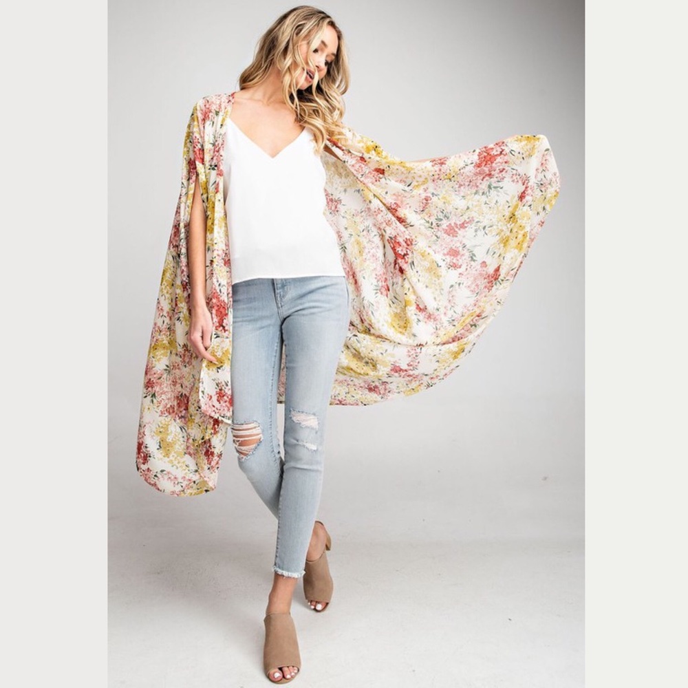 Floral Print Open Front Boho Kimono - Picture 2 of 4